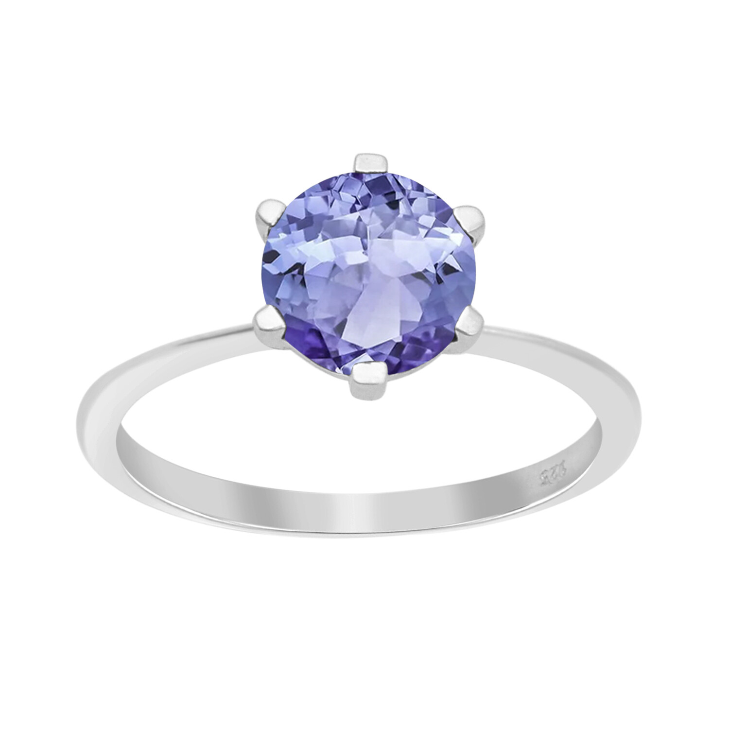 Six Prong Set Round Natural Tanzanite 925 Sterling Silver Solitaire Women Ring