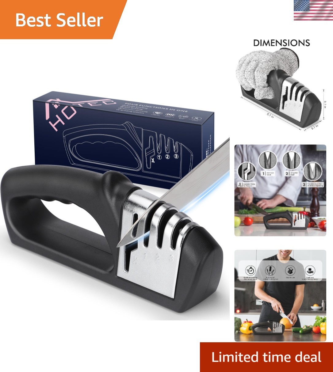 Knife Sharpener Professional Ceramic Tungsten Kitchen Sharpening System 3 Stage