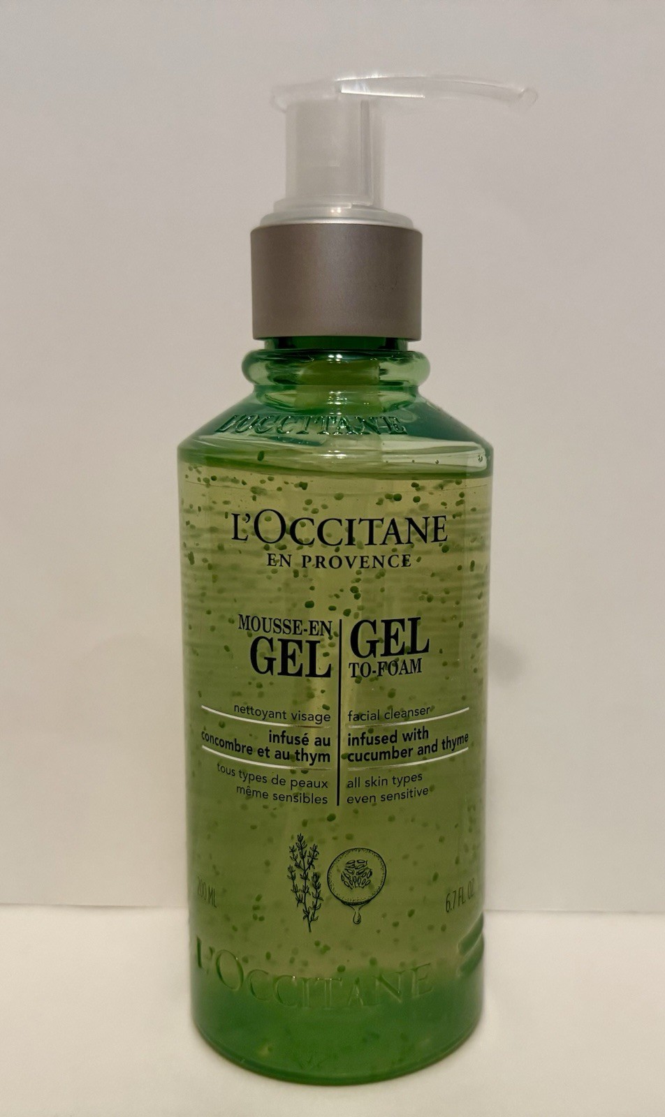L’Occitane Gel to Foam Facial Cleanser - Cucumber & Thyme -Full Size 200ml/6.7oz
