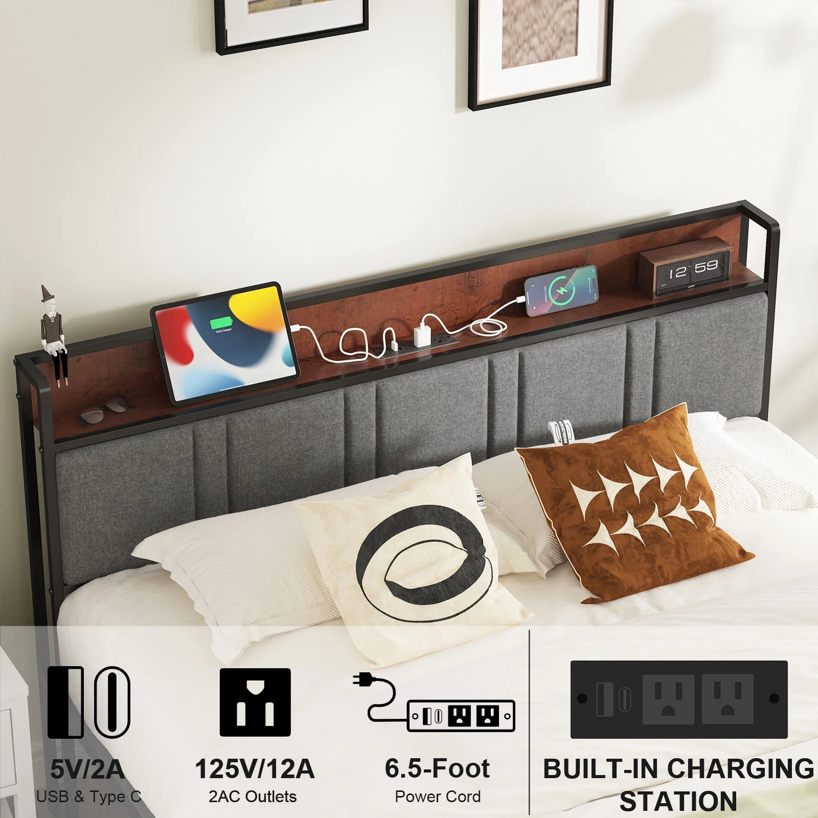 Queen Bed Frame, Platform Bed Queen Size with Charging Station and Storage Uphol