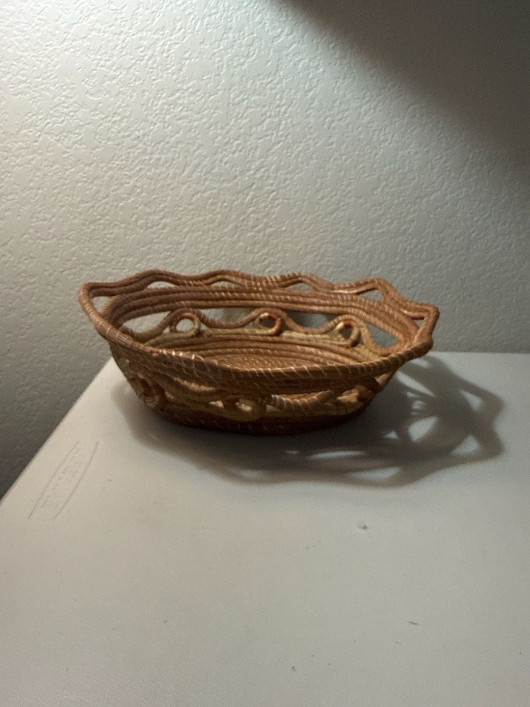 Vintage Handmade Coiled Pine Needle Basket with Scalloped Rim