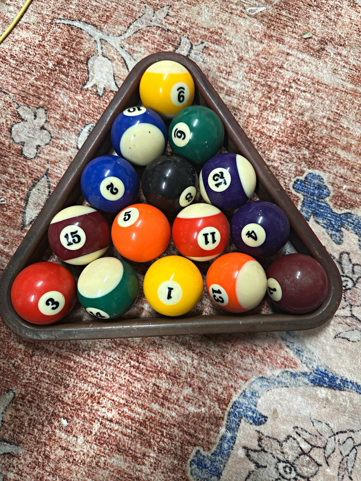 Complete Billiard Ball Set w/ Wooden Triangle Rack & Official Rules Book