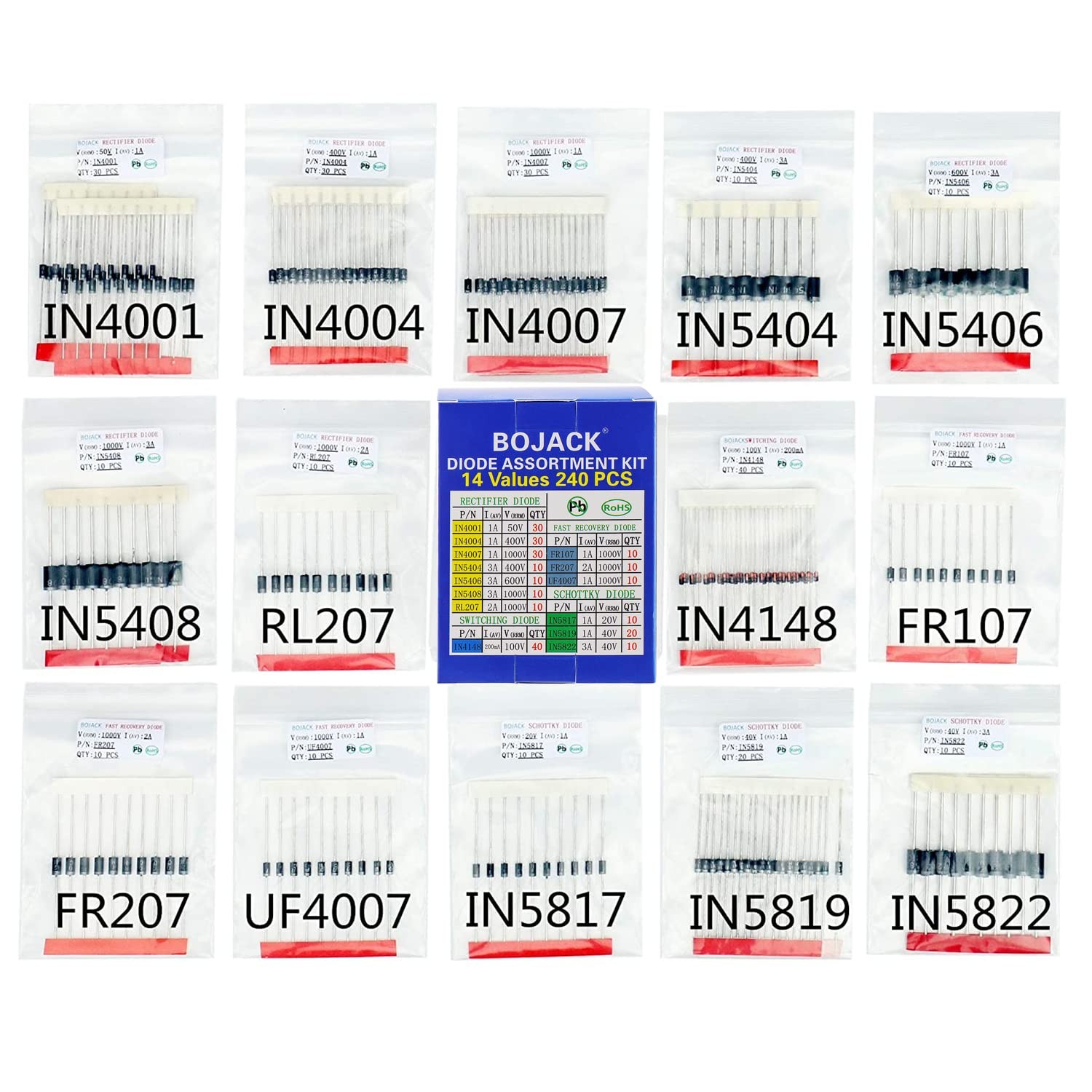 14 Value 240 pcs Diode Assortment Kit Contain Rectifier/Fast Recovery/Schottk...