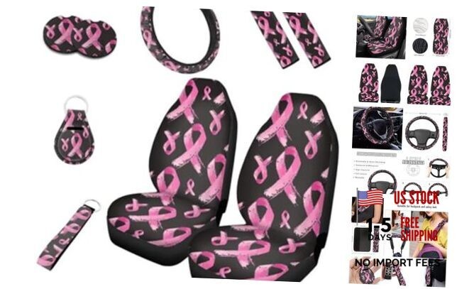 9 Pcs Pink Ribbon Car Seat Covers for Women, Breast Breast Cancer Pink Ribbon
