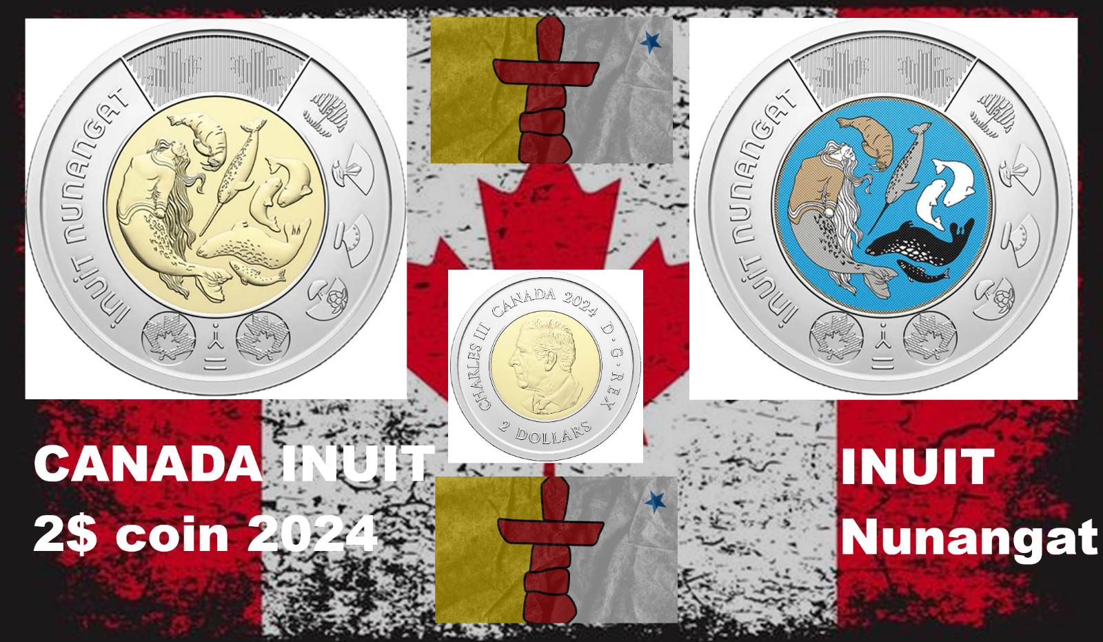 Canada coin 2$ dollars 2024 Inuit Nunangat walrus narwhal beluga whales animal