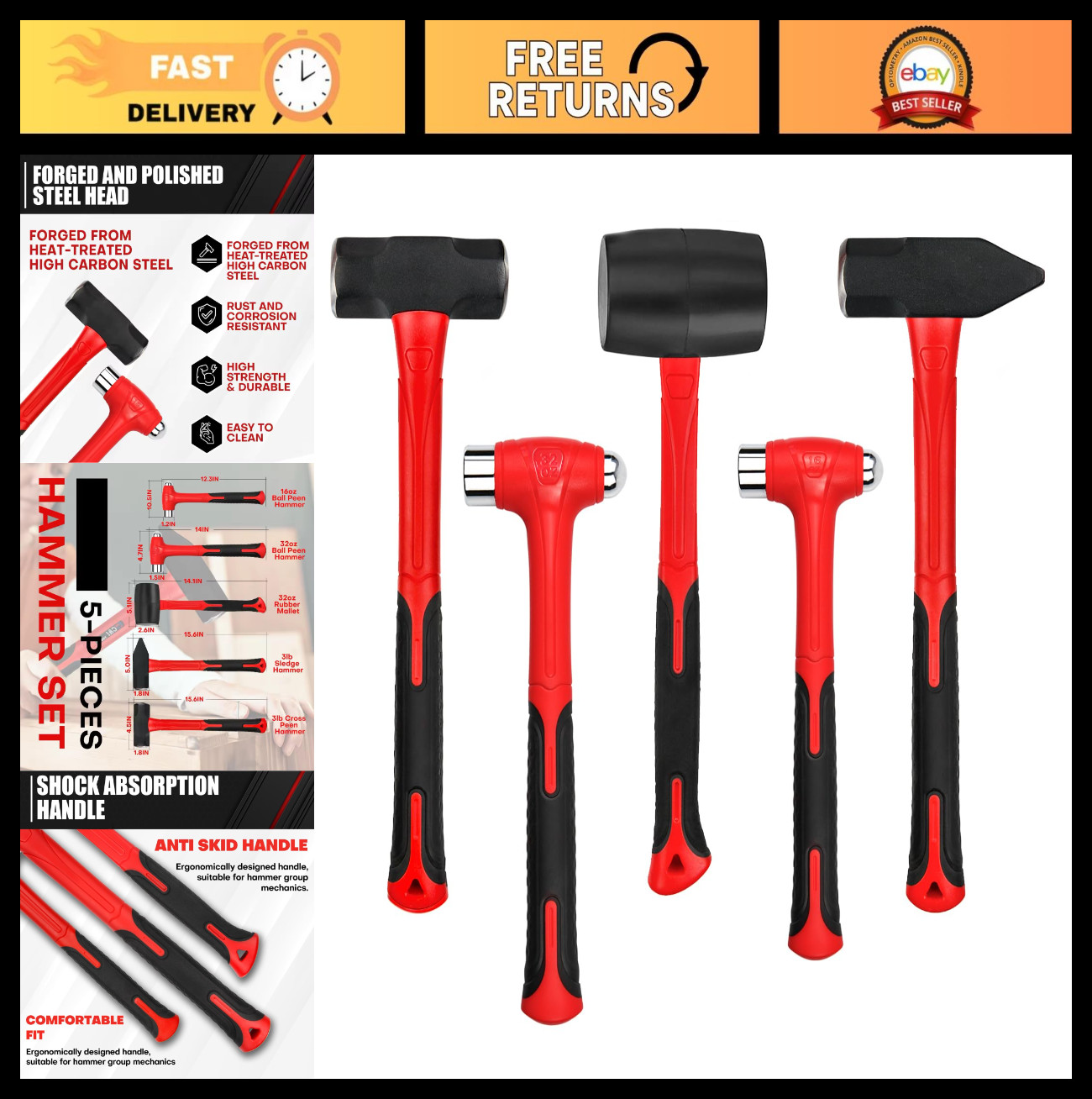 5-Piece Hammer Set: 16oz & 32oz Ball Peen, Rubber Mallet, Sledge & Cross Peen, F
