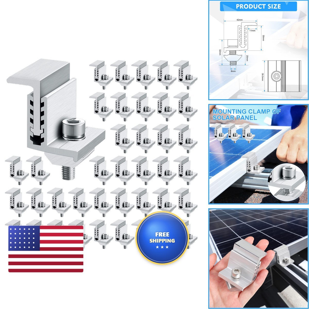 Zhengmy 40 Pack Solar Panel End Clamp Mounting Z Bracket Mid Clamps Aluminum
