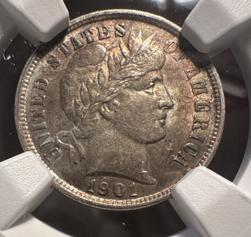 1901 Barber Dime AU 58 NGC Gorgeous Toning