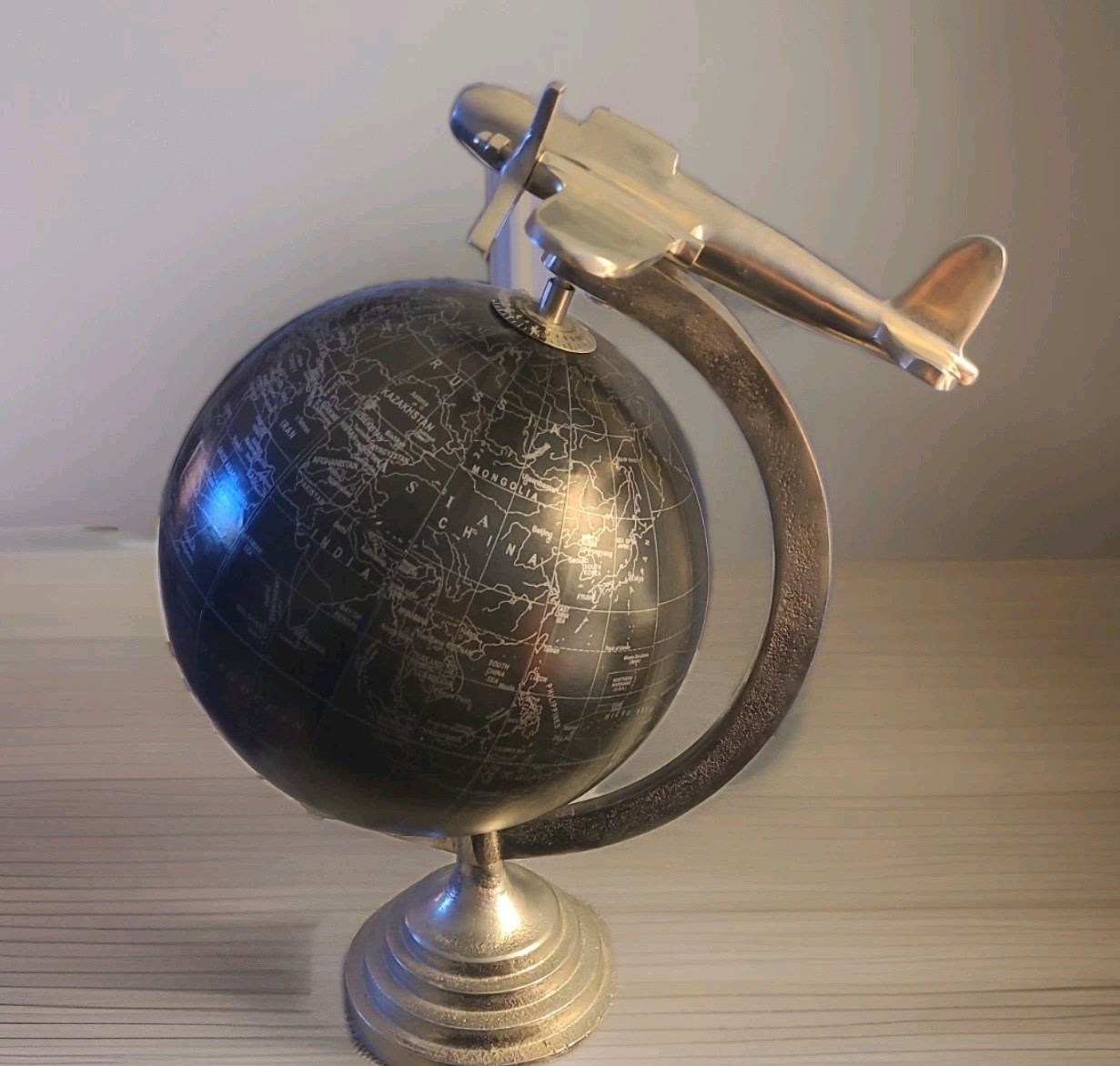 Vintage Style World Globe Black & Silver Metal Plane 15" Tall Tabletop Desktop