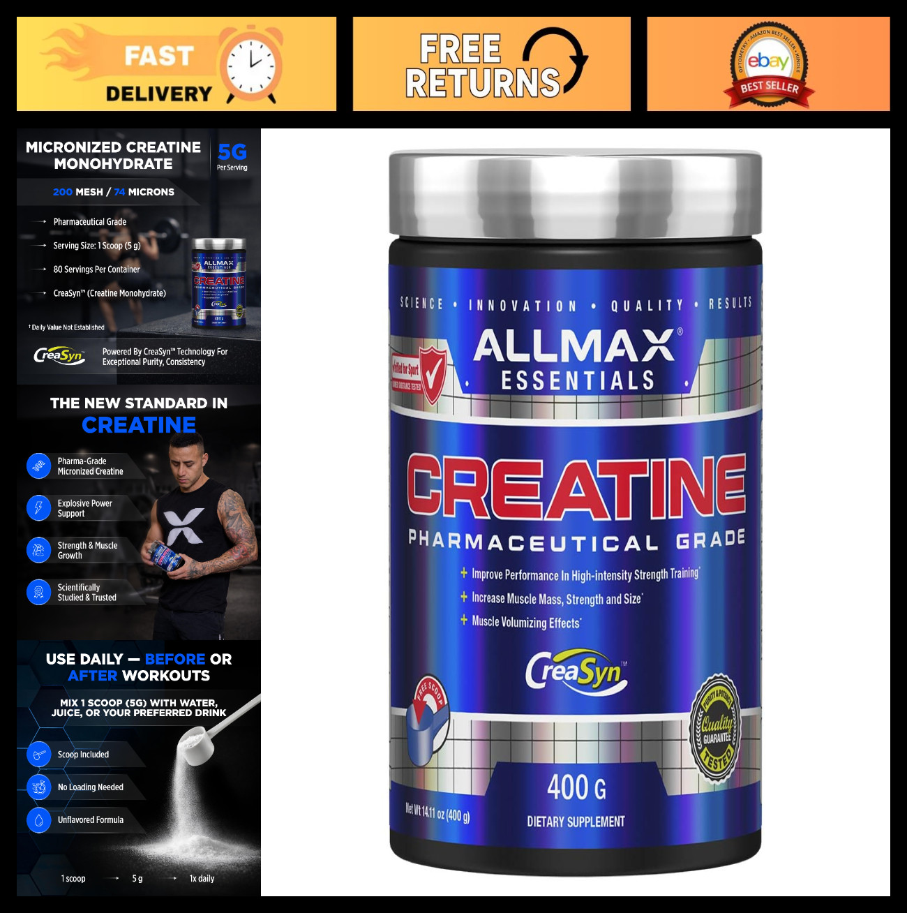 Micronized Creatine Monohydrate Powder, Unflavored, 400g - Muscle Growth & Recov