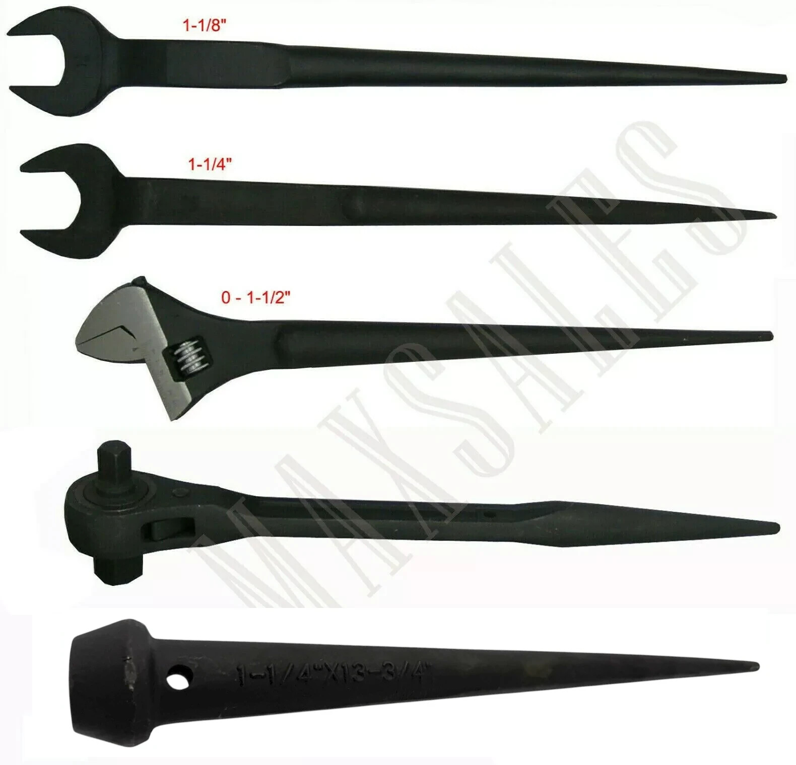 16" ADJUSTABLE SPUD WRENCH & DUAL RATCHET SPUD & 2-PC IRON WORKER & 10" BULL PIN