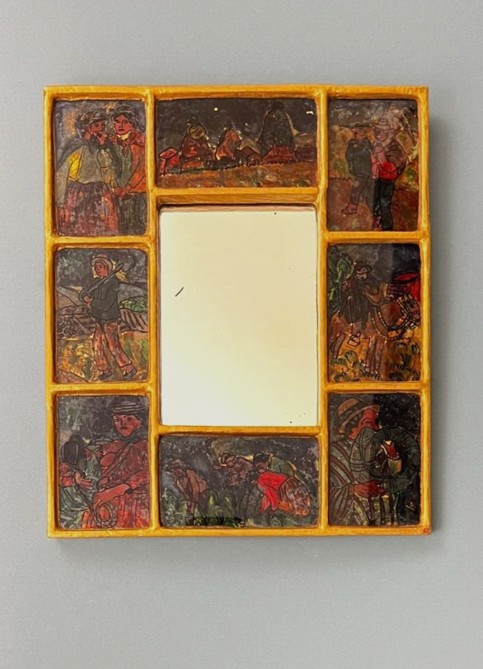 VTG Peruvian Folk Art Reverse Painted Figures 8 Panels Gold Gilt Mirror Frame