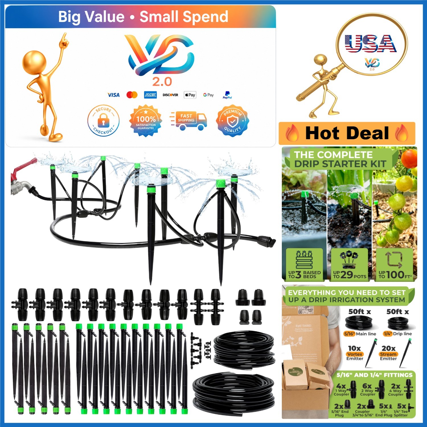 Complete Garden Drip Irrigation System Kit 100ft Adjustable Emitters