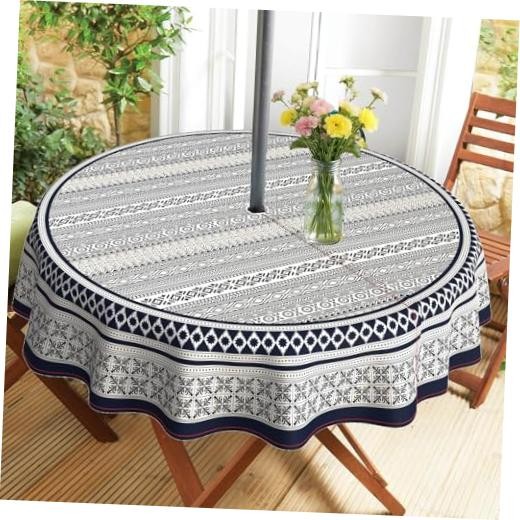 Outdoor Tablecloth with Umbrella Hole and Zipper, Round 60" (Round) Boho Navy