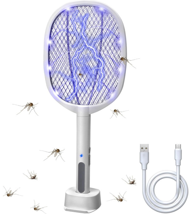 Raqueta eléctrica 2 en 1 3000V mata mosquitos USB luz LED interior exterior