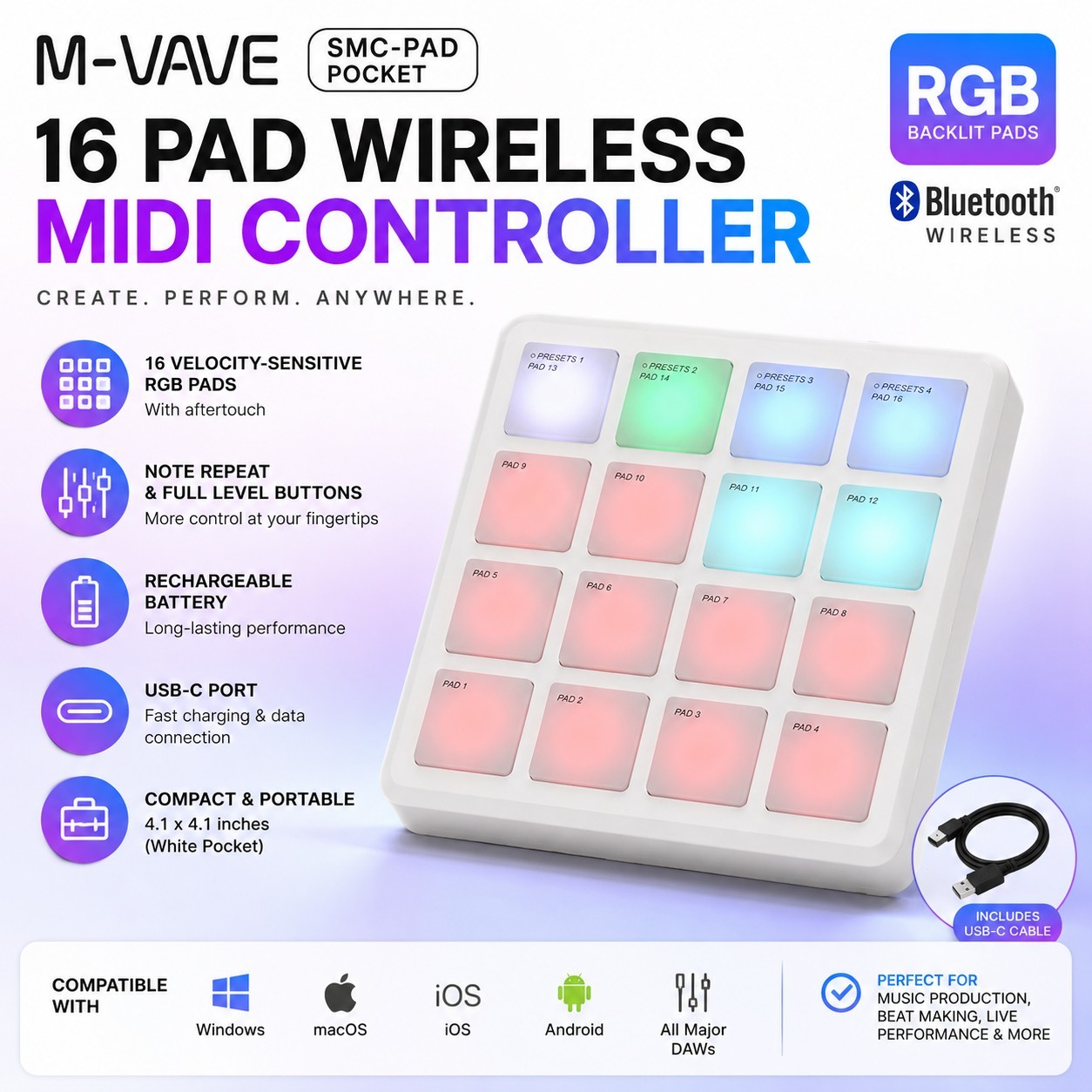 M-VAVE SMC-PAD Pocket Wireless MIDI Controller 16 RGB Pads USB-C New Box