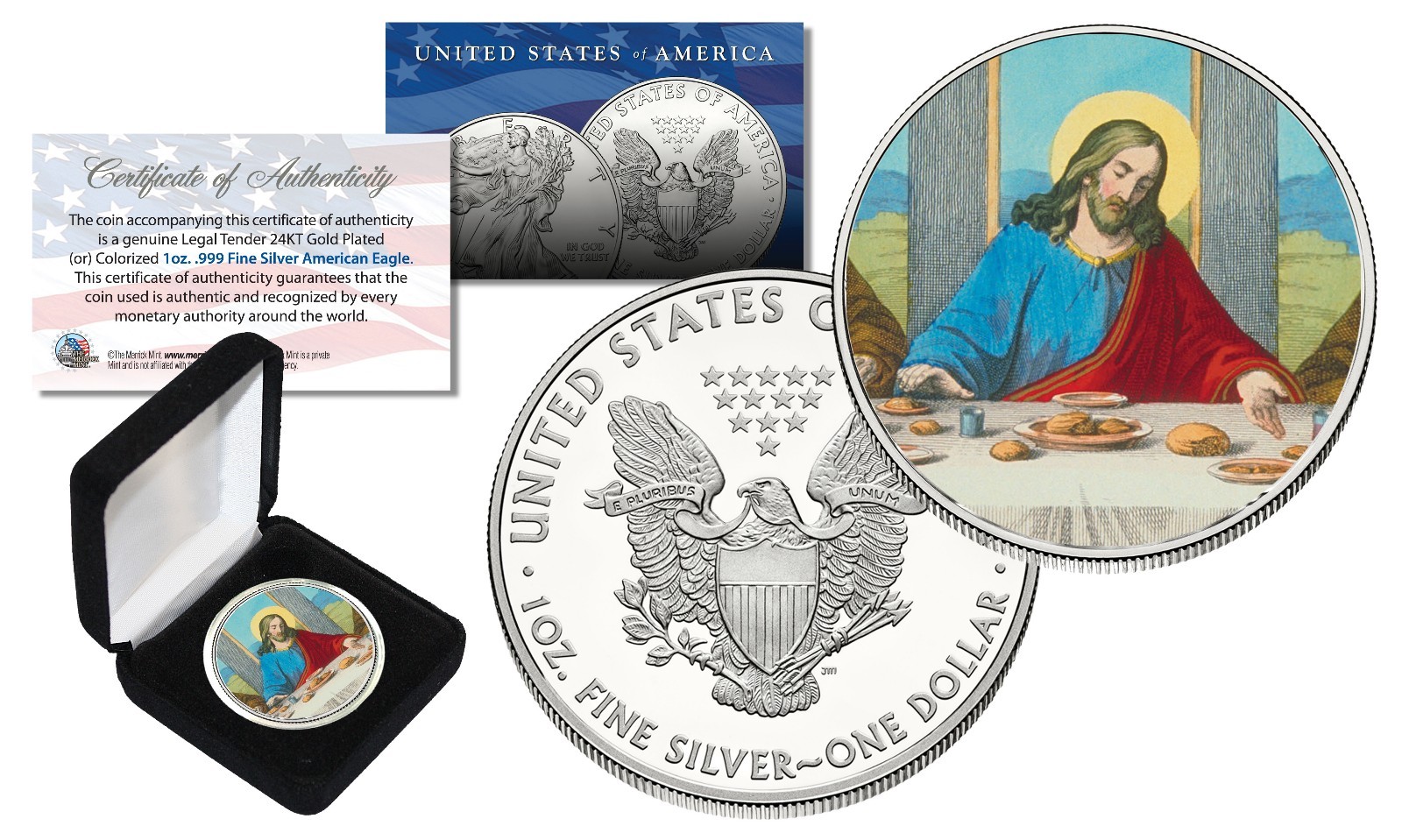 JESUS CHRIST LAST SUPPER 1 oz. .999 SILVER AMERICAN EAGLE Coin with Display Box