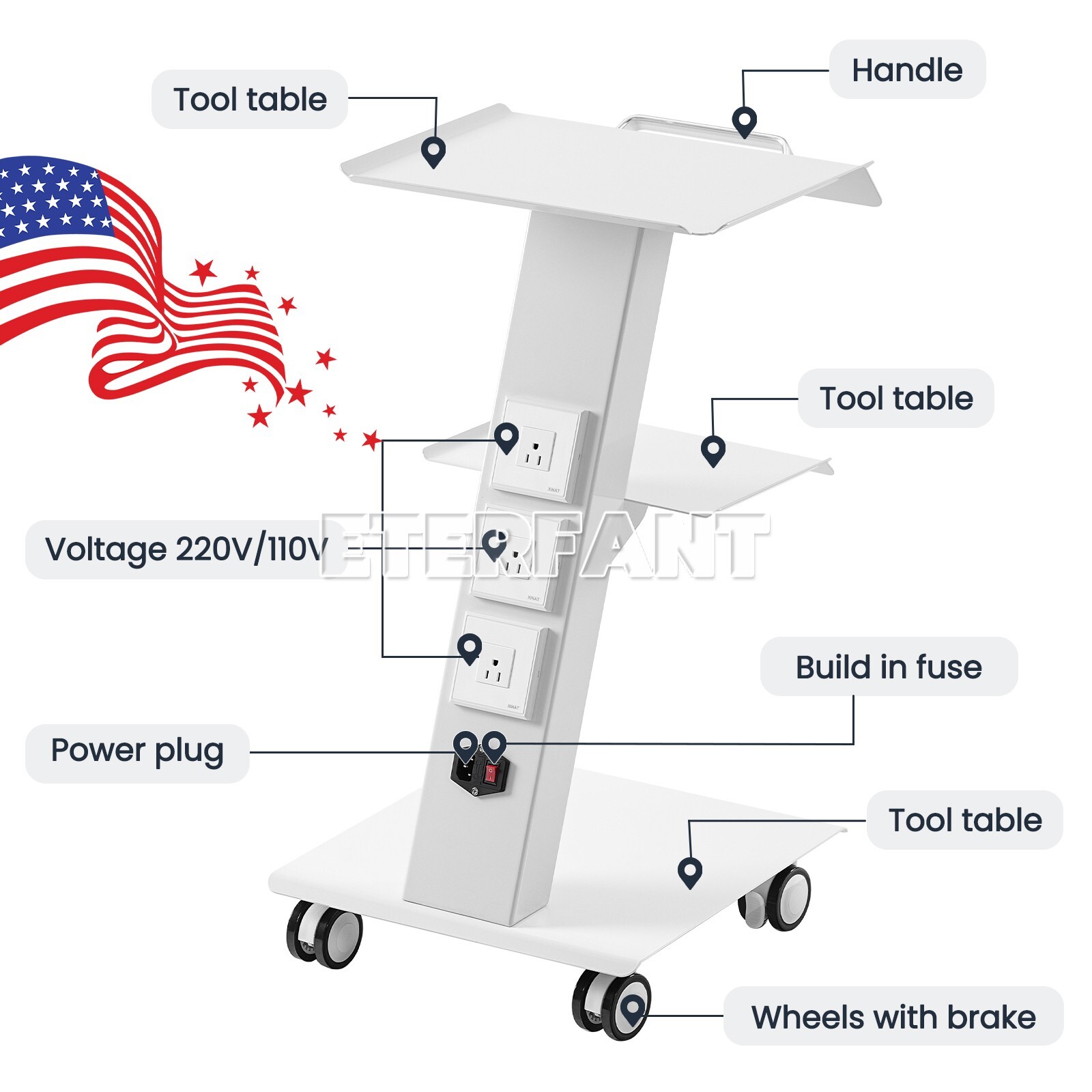 Mobile 3 Layer Medical Tool Cart Dental Trolley Instrument Cart+Socket+4 Casters