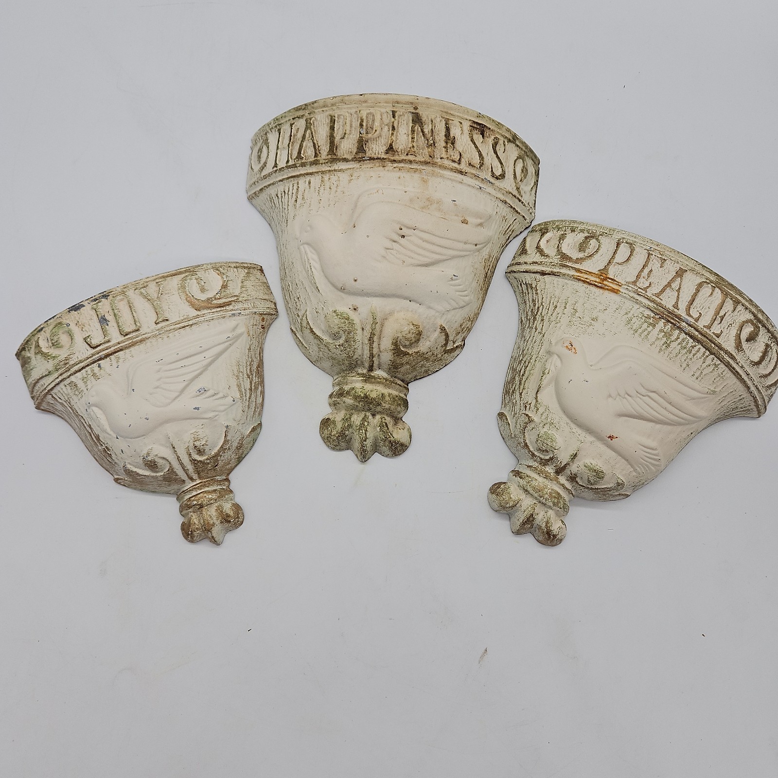 1976 Rustic Cream Gold Cast Metal Wall Pockets Planters Decor