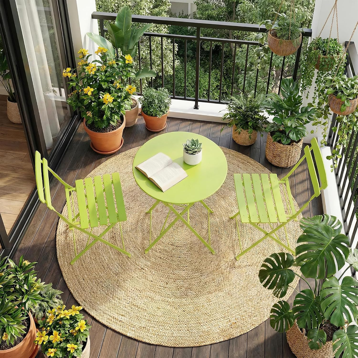 Bistro Table and Chairs Set of 2, Folding Design, Grass Green | 3 Pieces Patio B