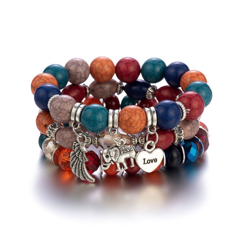 Boho Elephant Heart Charm Bracelet Multi Layer Stackable Beaded Jewelry Women