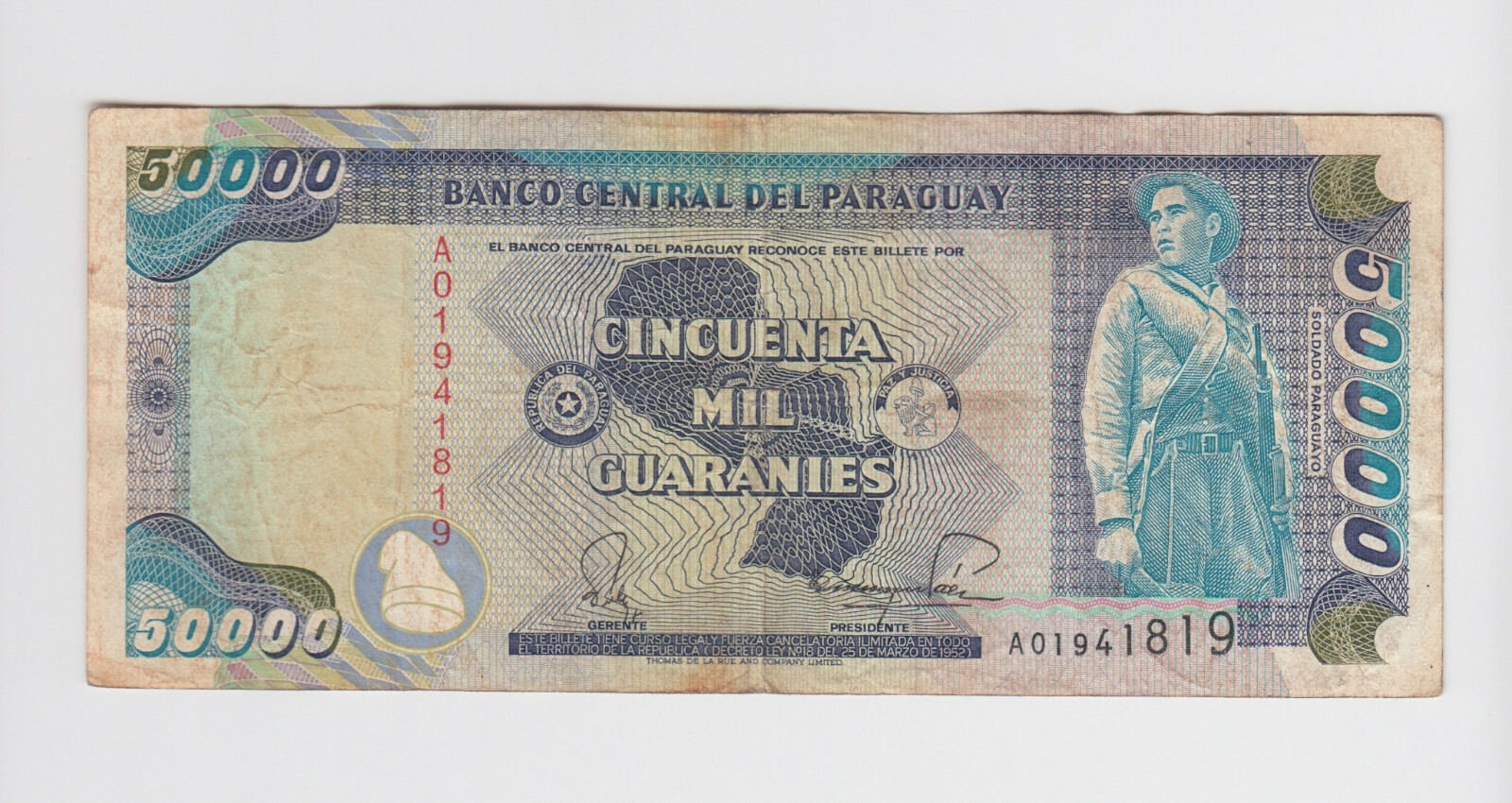 PARAGUAY P.210-1819  50,000 GUARANIES SCARCE  FINE  LOW SHIPPING  2112