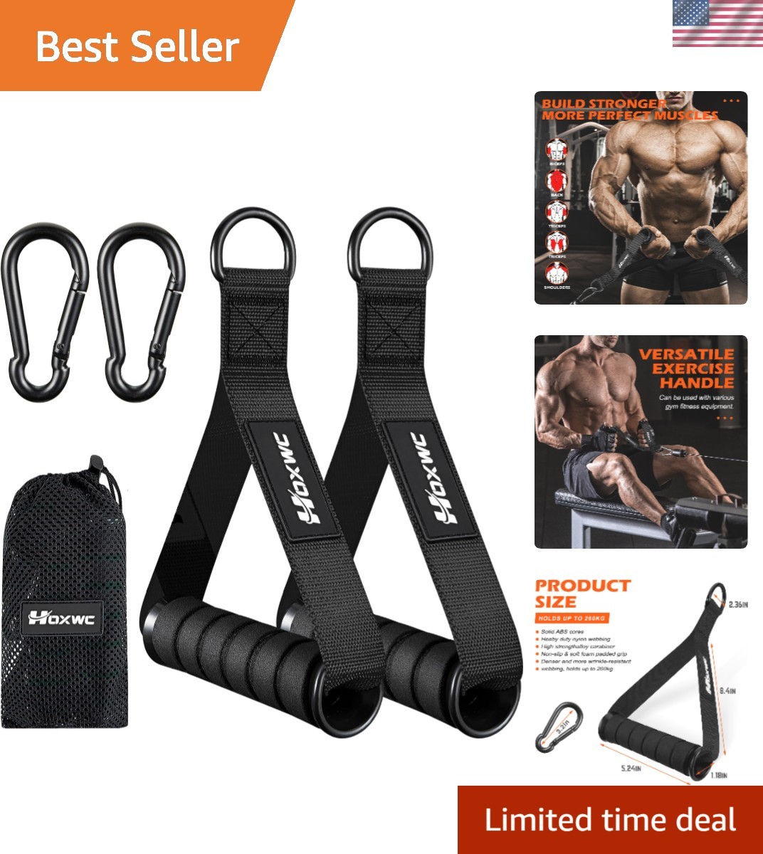 Ergonomic Double D Cable Handles - 2 Heavy Duty Attachments for Exercises