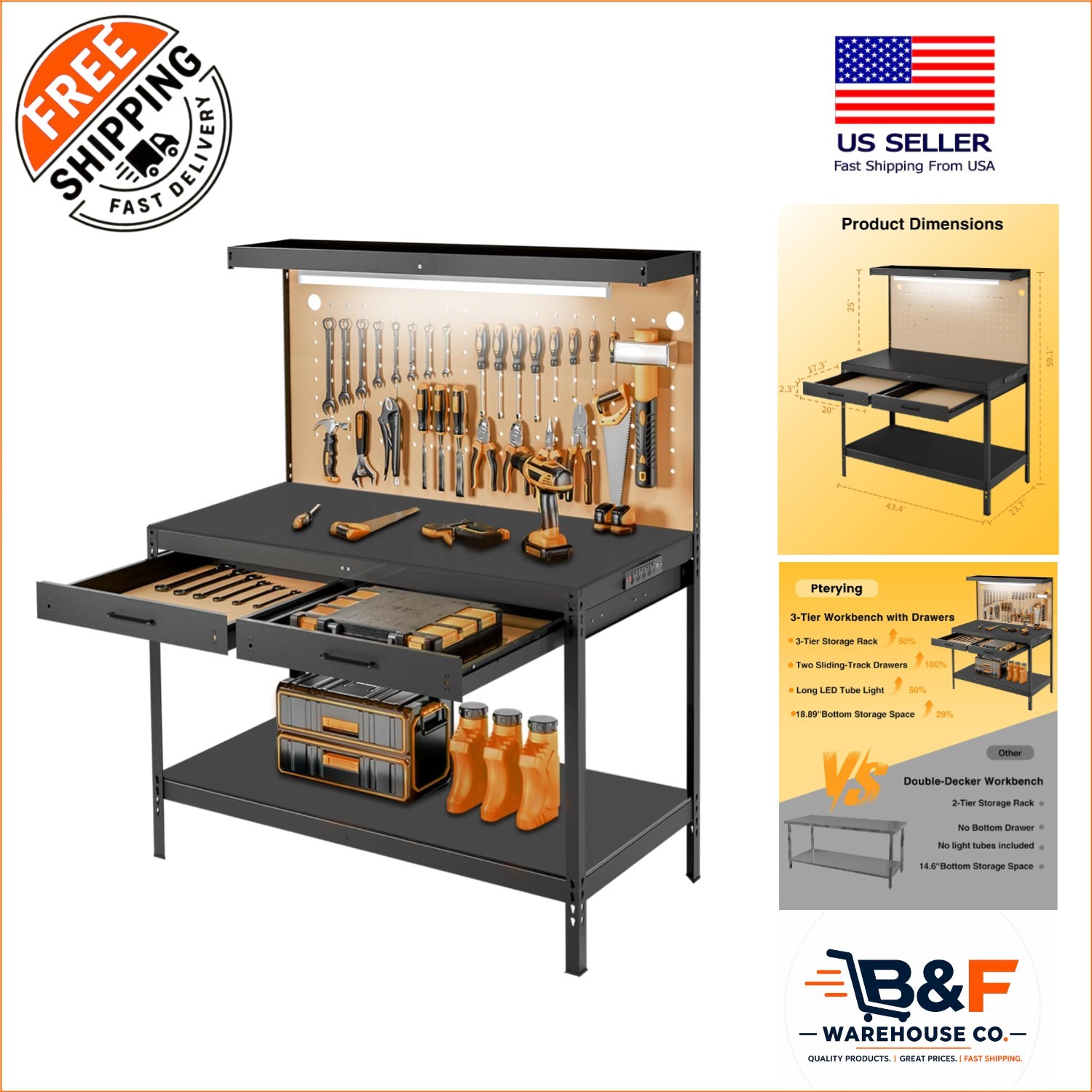 Organized Garage Workbench with Pegboard, 2 Drawers & USB Charging Ports