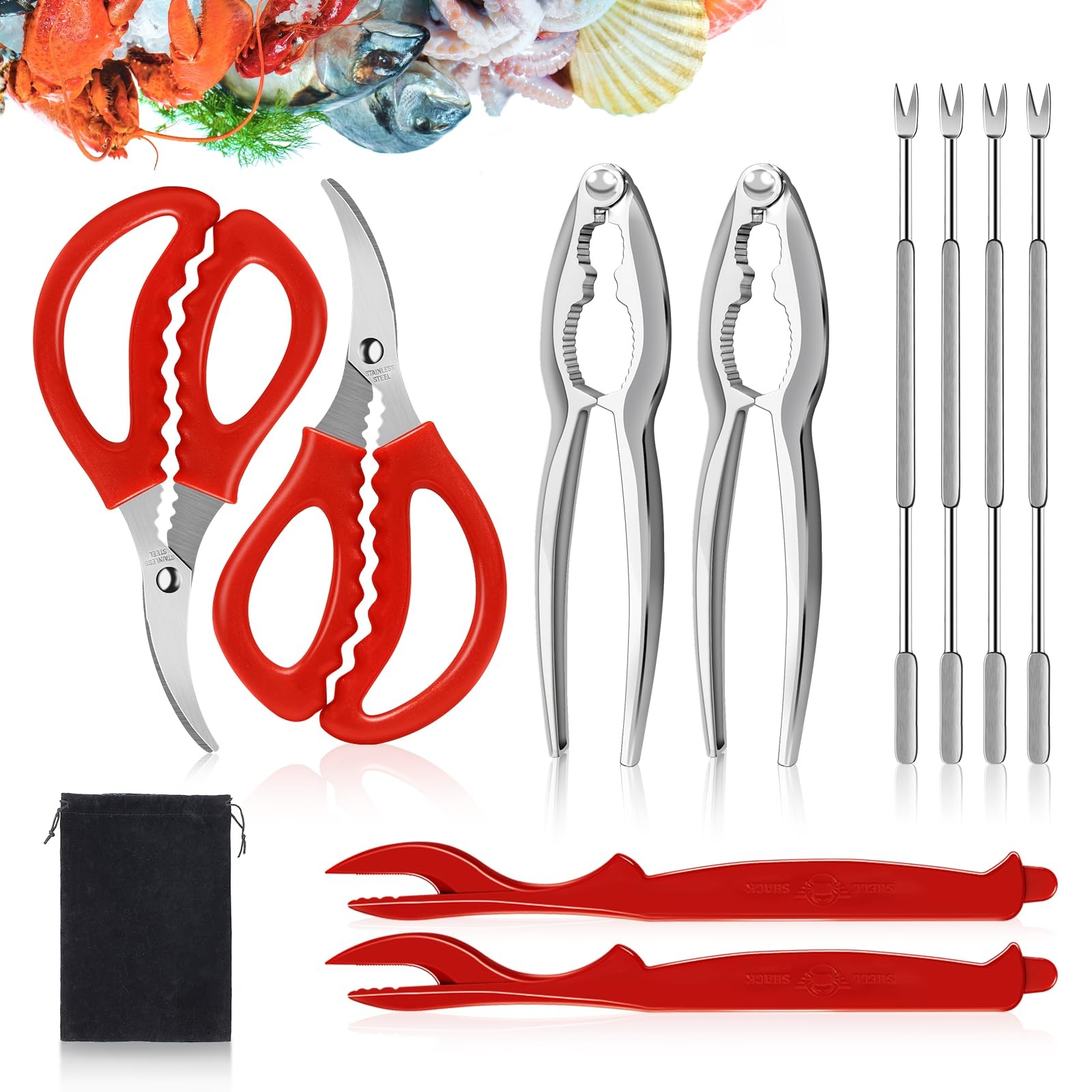 CasaCulina 10 Pcs Seafood Tools Set Includes Crab Lobster Medium, Red-10PCS