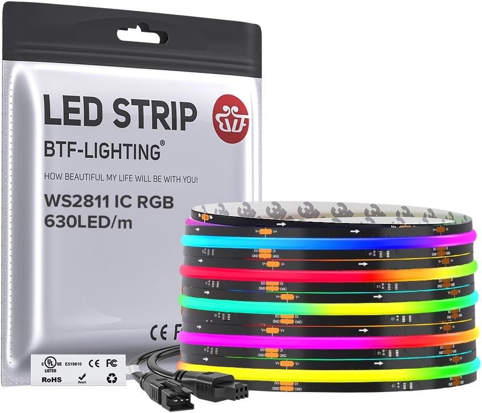 BTF-LIGHTING WS2811 Smart IC RGB FCOB COB LED Strip, UL Listed 630LEDs/m High De