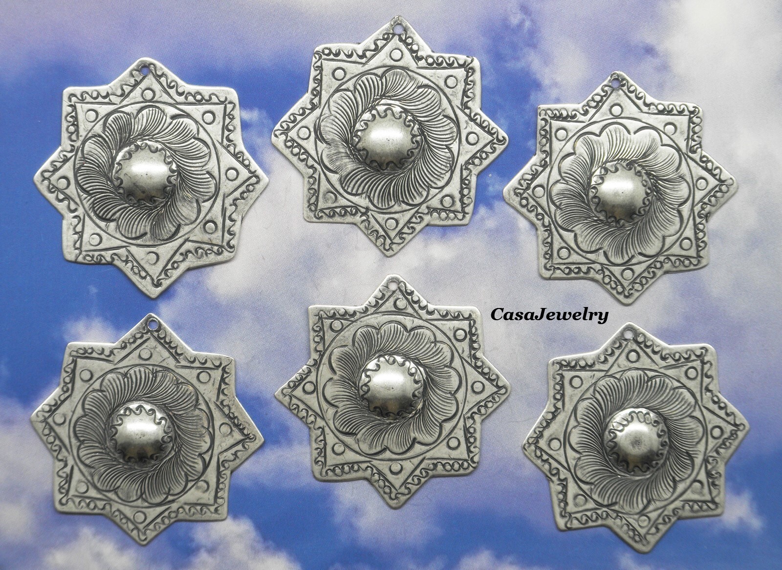 #4194CDWH ANTIQUED .925 STERLING SILVER PLATED DAPPED STAR W/HANG HOLE - 6 Pcs