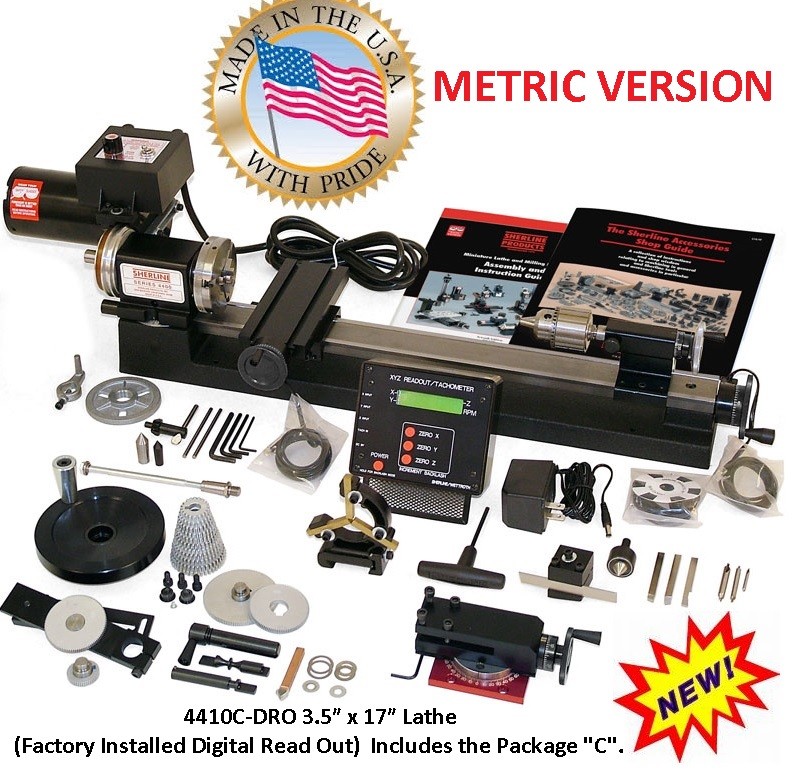 SHERLINE 4410C-DRO 3.5" X 17" LATHE METRIC Factory installed DRO + Package "C"