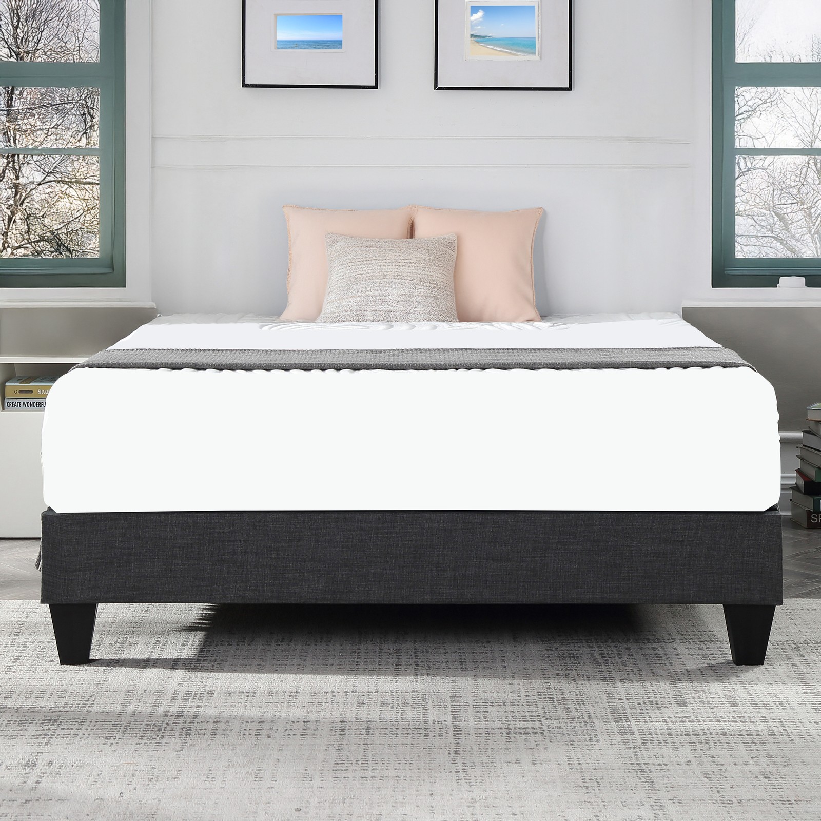 Grey Polyester Upholstered Platform Bed Frame, California King