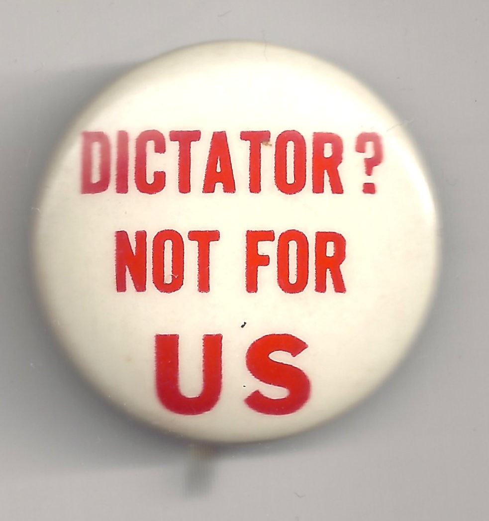 WILLKIE Slogan Pin ~ Anti FDR ~ DICTATOR? NOT FOR US
