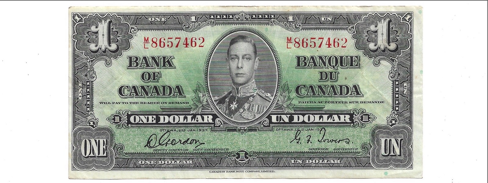 NICE! 1937 Vintage Canada $1 Bill! Canadian 1 Dollar Currency King George VI