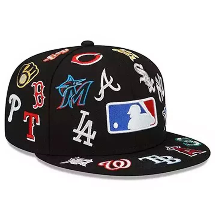NEW MLB Teams Patch Logos All-Over Black/White 59FlFTY Fitted Cap-5950 Hat