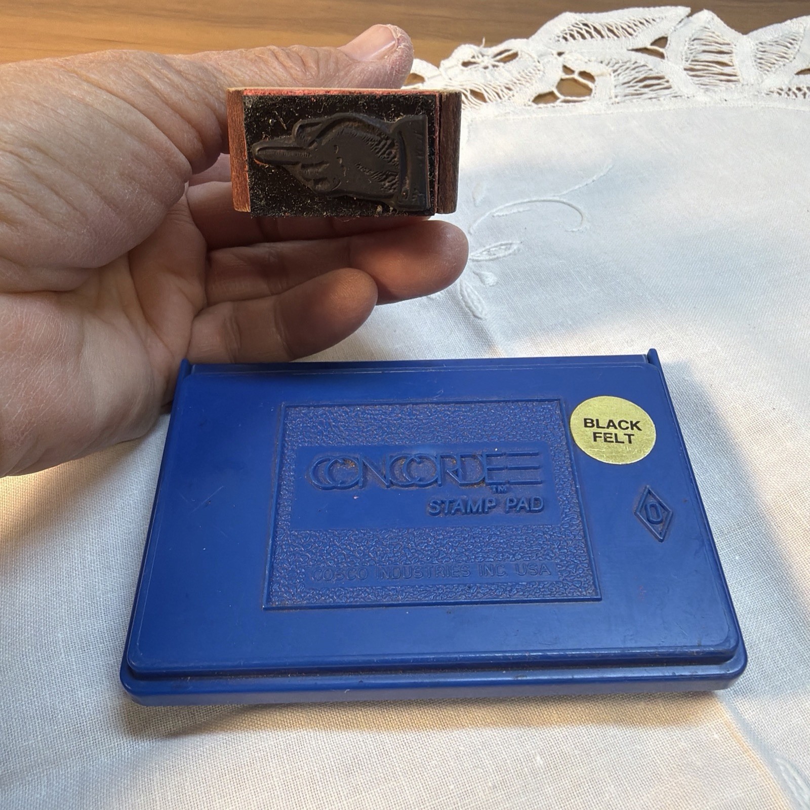 VTG Concorde Rubber Stamp Inking Pad, Letterpress Printing Block “Middle Finger”
