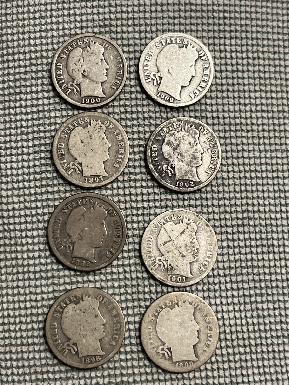 8 Barber Dimes 1892 1897 1898 1899 1900 1901 1902 1909 AC Average Circulation
