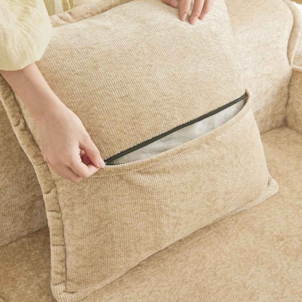 Modular 4-Seat Sofa w/ Throw Pillows, Velvet Fabric, Light Camel