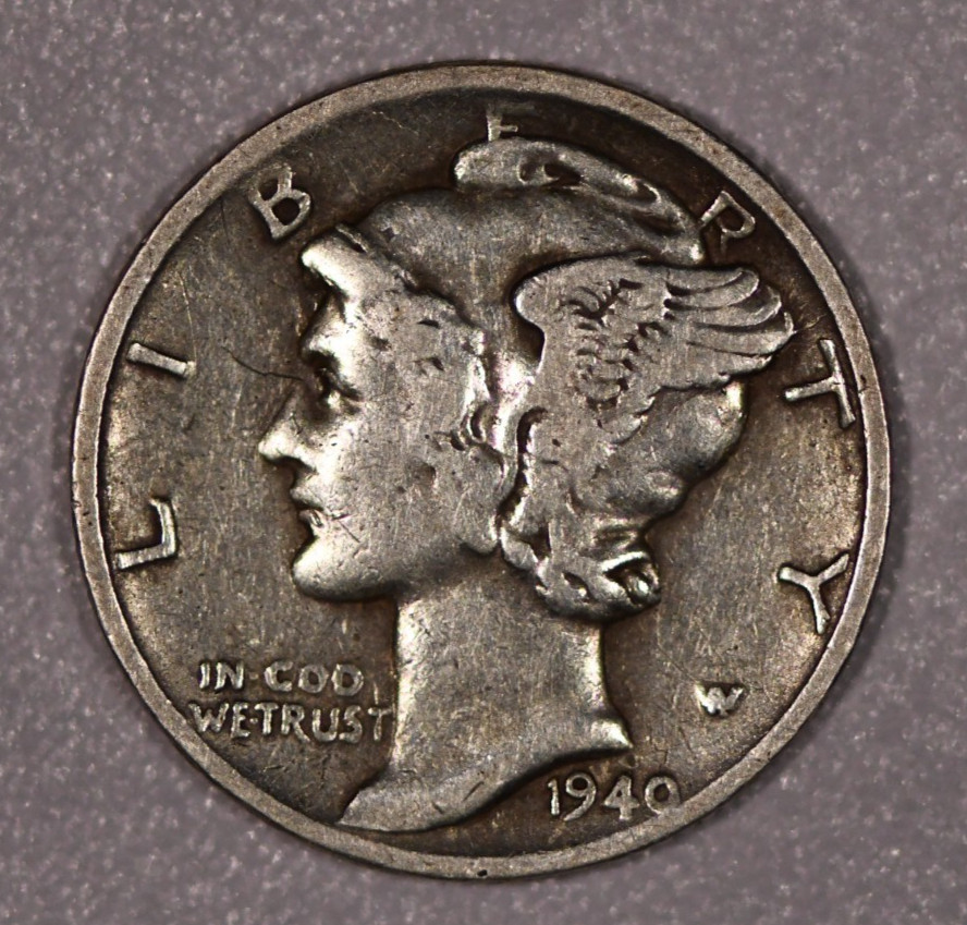 1940-S "Mercury" Silver One-Dime Coin, Extra Fine