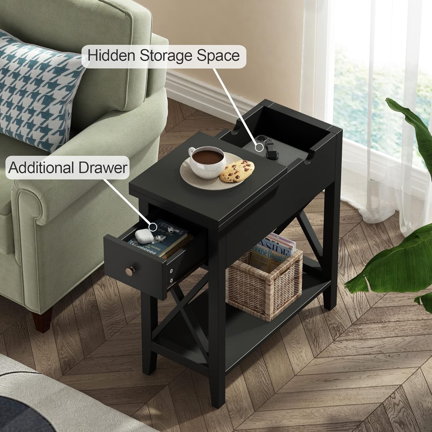 ChooChoo End Table, MDF Material Flip Top Narrow Table with Drawer, Black