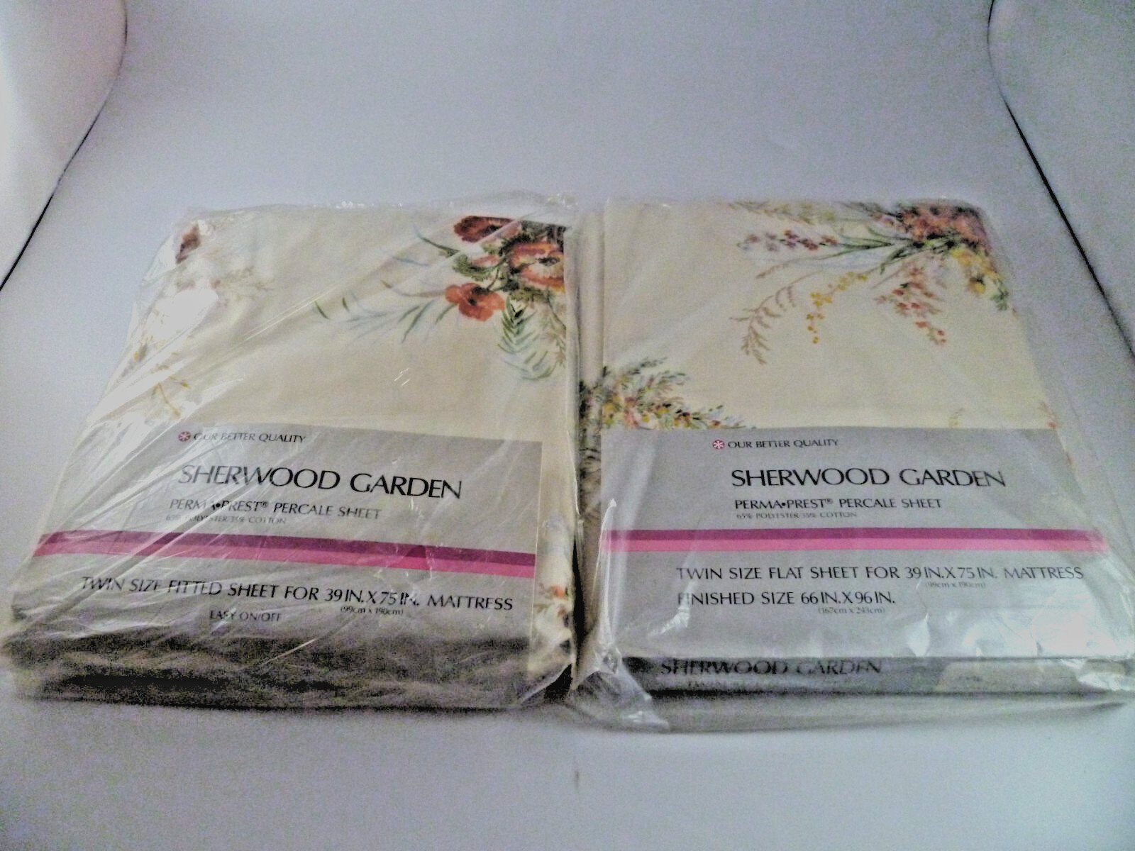 2 PC SET NEW SEARS SHERWOOD GARDEN TWIN FLAT & FITTED SHEET PERMA PREST PERCAL
