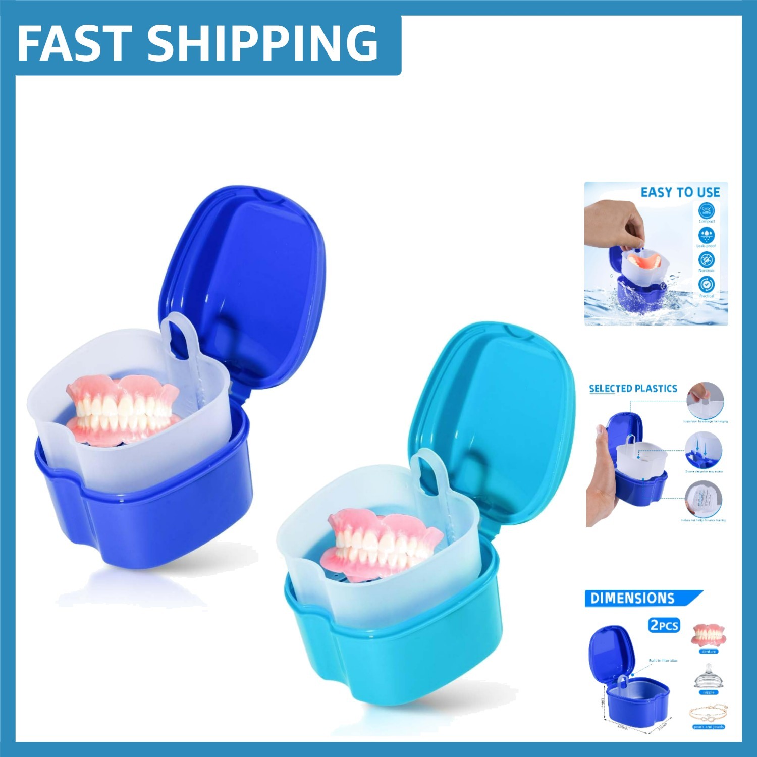 Denture Care Solution: 2-Pack Bath Case with Easy-Access Strainer Basket