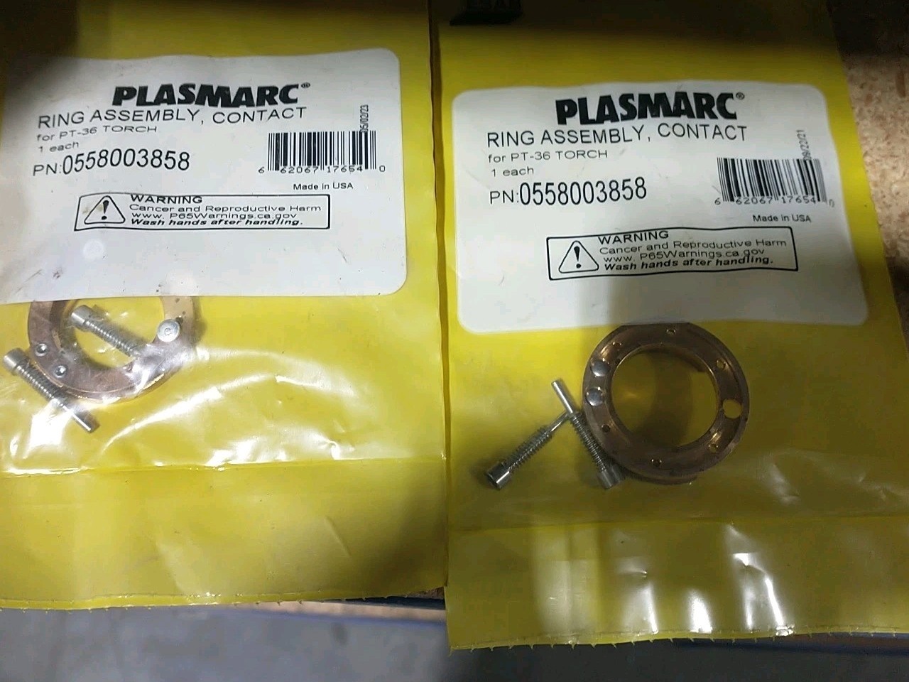 Two ESAB 0558003858 PLASMA CONTACT RING ASSEMBLYS FOR PT-36