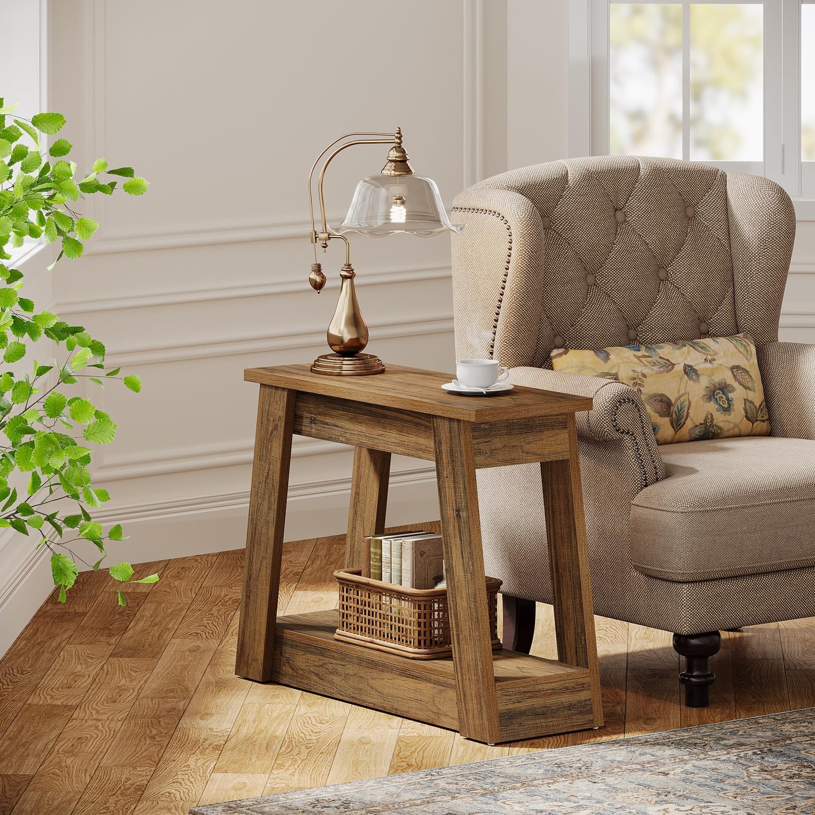 Tribesigns Wood End Table, Small Side Table with 2 Storage Shelves, Rustic Ac...