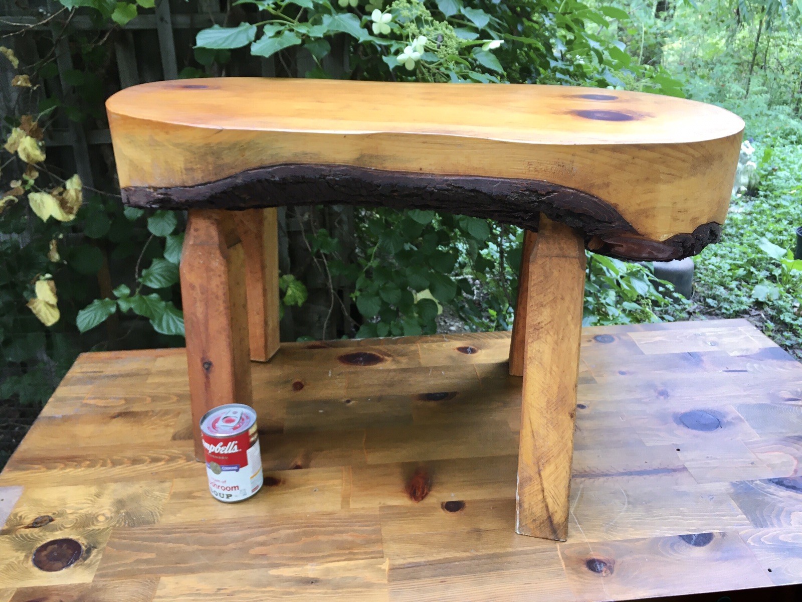 Vintage Handmade Primitive Wooden Log Bench Coffee Table w Bark Underside