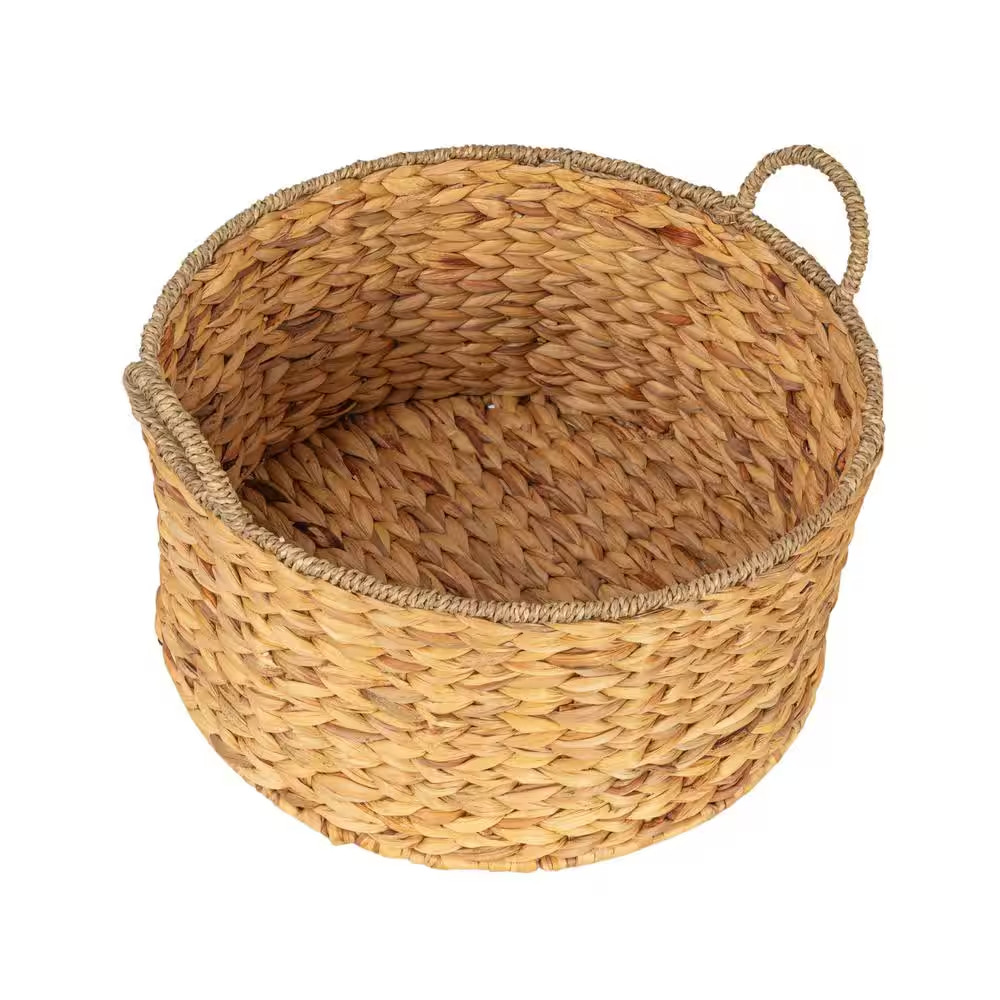 Natural round Handwoven Water Hyacinth and Seagrass Decorative Basket with Handl