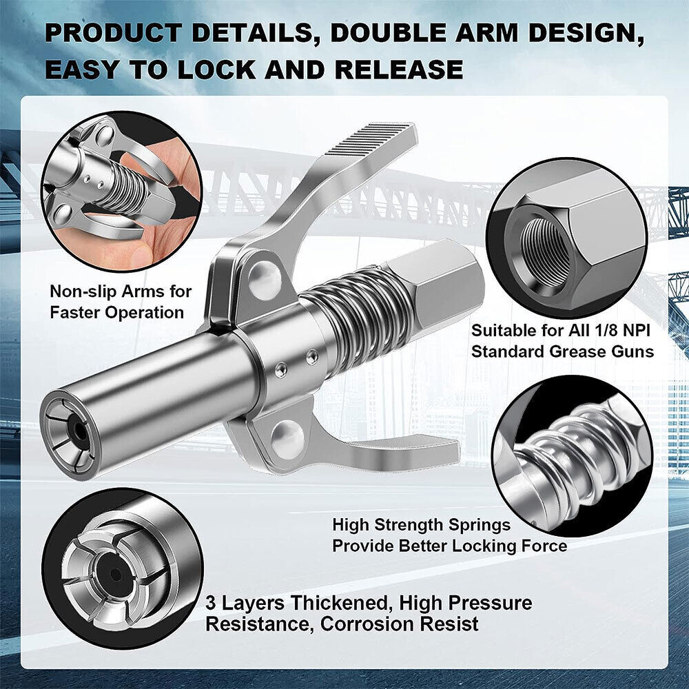 Grease Gun Coupler Double Handle Quick Release Lock On Coupling w/11.8" Hose
