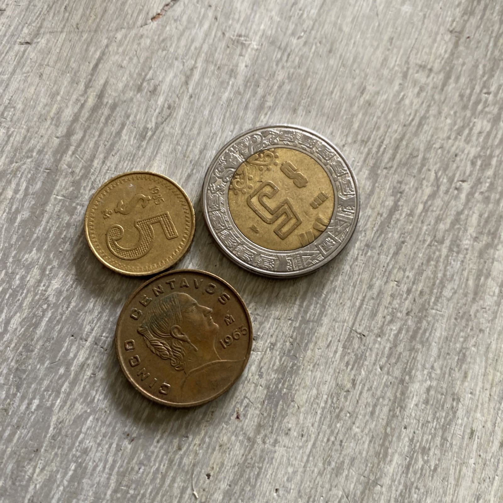 1990, 1985  Mexico  5 Peso, 1965 5 Centavos- 3 Coins