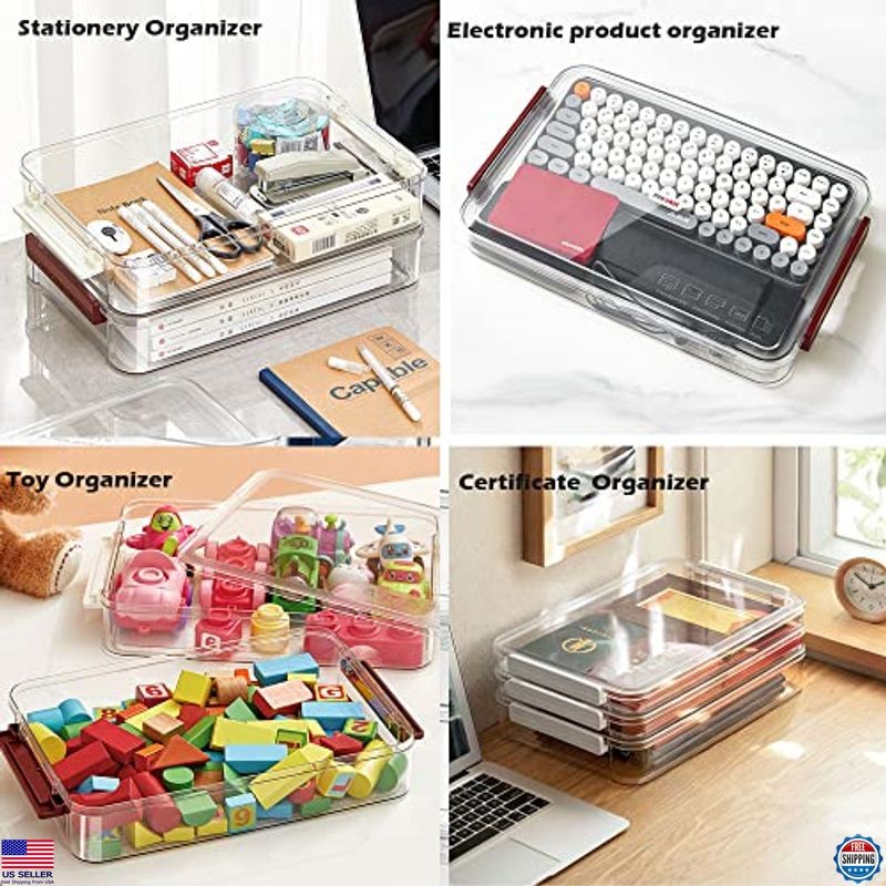 2-Pack Stackable Clear Plastic Document Storage Boxes with Lids for A4 Files